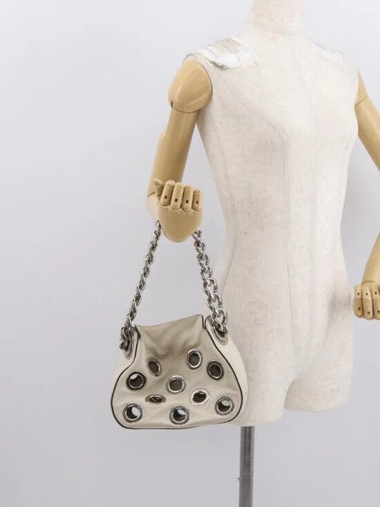 Prada Handbags - PRADA Grommet Punching Chain Hand Bag Leather Ivory Silver Auth 165205